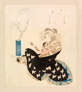 Cortesana leyendo un tanzaku (xilografía en color) de School Japanese