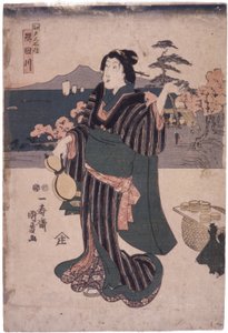 Edo Meisho Uchi: Sumidagawa (Mujer con calabaza) (xilografía en color)