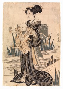 Mujer japonesa con un niño en brazos (xilografía en color)