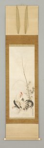 Kakemono, gallo y gallina con flores de Japanese School