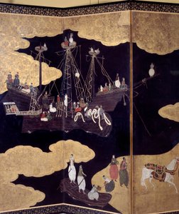 Biombo “Portugués”: llegada de misioneros jesuitas portugueses a Japón en el siglo XVI (detalle)