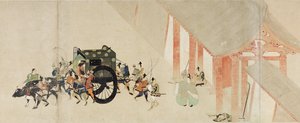 Cuento ilustrado de la Guerra Civil, La visita imperial a Rokuhara (Cuento ilustrado de la Guerra Civil, La visita imperial a Rokuhara) - Obra anónima, acuarela y tinta sobre papel, segundo rollo
