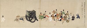 Cuento ilustrado de la Guerra Civil, La visita imperial a Rokuhara (Cuento ilustrado de la Guerra Civil, La visita imperial a Rokuhara) - Obra anónima, acuarela y tinta sobre papel, quinto rollo