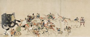 Cuento ilustrado de la Guerra Civil, La visita imperial a Rokuhara (Cuento ilustrado de la Guerra Civil, La visita imperial a Rokuhara) - Obra anónima, acuarela y tinta sobre papel, tercer rollo de School Japanese