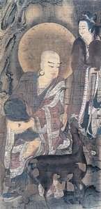 Pintura religiosa que representa a un joven monje con un ciervo, pintura sobre seda, civilización japonesa, período Heian, 794-1185