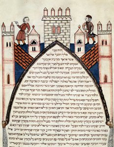 Soldados en las murallas de una ciudad fortificada. Inscripciones en hebreo de School Jewish