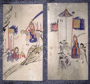 Panel de un biombo que representa una historia de los tres reinos (pigmentos naturales sobre papel) de School Korean
