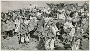Porteadores coreanos en el puerto de Chemulpo (Corea del Sur), descargando las chatarra - Ilustración después de una fotografía del siglo XIX por J. de Pange, del libro Viaje en Corea del doctor Hagen de School Korean