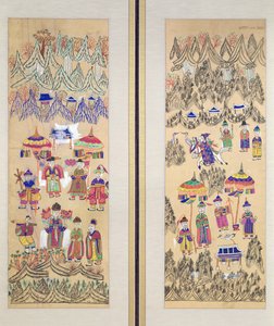 Dos paneles de un biombo de ocho pliegues que representan "Pinturas del chamanismo" (colores sobre papel) de School Korean
