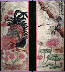 Dos paneles de un biombo de ocho pliegues que representan pájaros y flores (pigmentos naturales sobre papel) de School Korean