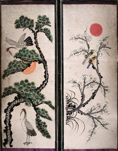 Dos paneles de un biombo de ocho pliegues que representan pájaros y flores (pigmentos naturales sobre papel) de School Korean