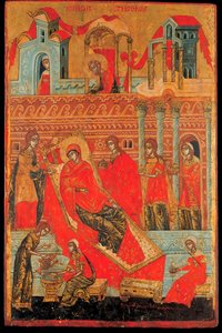Nacimiento de la Virgen - Ícono producido por un taller en Macedonia de School Macedonian
