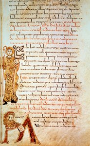 San Mateo; letra M (cabeza del león de San Marcos). Página en el Sacramentario de Gellone, folio 42. Iluminado por David, c. 790, Francia, Meaux o Cambrai. BN, París de School Merovingian