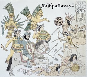 Lucha entre españoles y aztecas en la batalla de Xallipatlavaya, ilustración de un facsímil de una historia ilustrada de indios mexicanos "Lienzo de Tlaxcala" de hacia 1550.