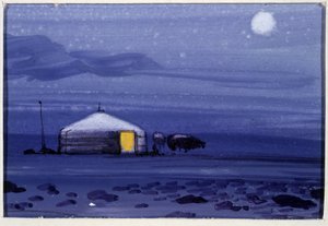 Yurta mongola, noche - Acuarela mongola