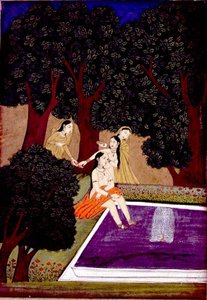 Una dama en una piscina, Johnson Album IX, no.16, c.1780 (gouache con oro sobre papel) de School Mughal