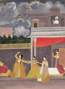 Una dama traída de una tormenta en la noche: ilustración del modo musical Madhu Madhavi, c.1760