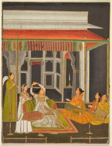 Una princesa en una terraza con acompañantes de noche (anverso); Caligrafía (reverso), c. 1760 (acuarela opaca dorada sobre papel)
