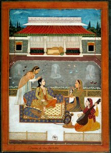 Una princesa india tiene su miniatura de tocador de la Escuela Mughal de 1740 de School Mughal