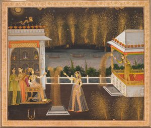 Damas celebrando Diwali, c.1760 (acuarela opaca y oro sobre papel) de School Mughal