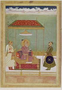 Retrato de Shah Aurangzeb con un hombre, posiblemente Ashraf Khan, principios del siglo XVIII de School Mughal