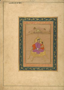 El 3er Emperador Mughal Akbar sentado en el trono real mientras sostiene su corona de School Mughal