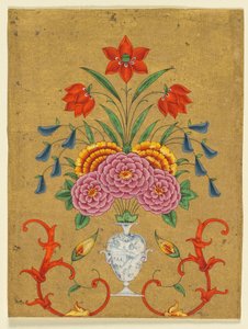 Jarrón con arreglo floral y volutas, c. 1750-1800 (acuarela opaca con oro sobre papel) de School Mughal