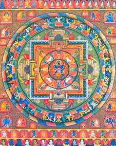 Chakrasambhara Mandala, que representa a la deidad principal Sambhara abrazando a su consorte Vajrabarahi simbolizando la unión de la sabiduría y la práctica para alcanzar la dicha suprema (gouache sobre tela) de School Nepalese