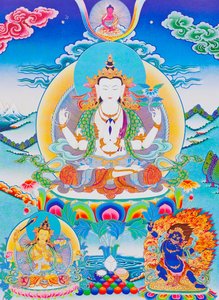 Imagen que representa a Chenresi, el señor de las seis sílabas "Om Mani Padme Hum" (gouache sobre tela) de School Nepalese