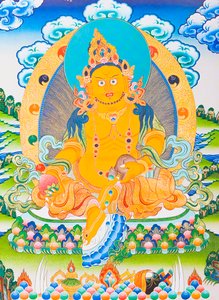 Imagen que representa a Dzambhala, el Dzambhala amarillo es la manifestación del Buda Ratnasambhava que simboliza la riqueza en el mundo materialista (gouache sobre tela)
