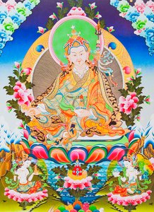 Imagen que representa a Padmasambhava o gurú Rimpoche, el apóstol deificado del tantrismo tibetano que, según se dice, obtuvo el dominio sobre demonios y espíritus (gouache sobre tela).