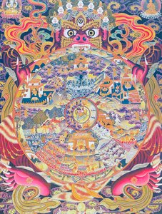 Imagen que representa la Rueda de la vida, representando el Kalachakra o existencia ilusoria sostenida en la boca de Yama, el dios de la muerte que representa el nacimiento, la muerte y el renacimiento (gouache sobre tela) de School Nepalese