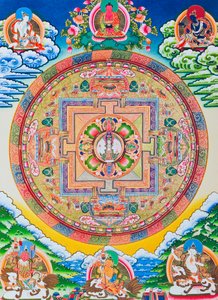 Mandala de los mil brazos de Avalokiteshvara; círculo sagrado y mágico que representa al Bodhisattva de las once cabezas, símbolo de la compasión infinita (gouache sobre tela) de School Nepalese