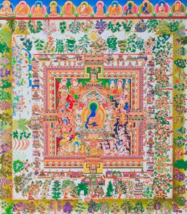 Mandala del Buda de la Medicina, la figura central de Bhaisajyaguru representa al sanador supremo con túnica monástica y un cuenco con plantas medicinales (gouache sobre tela)