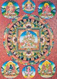 Mandala de Tara Blanca; deidad femenina de siete ojos del panteón budista que representa a la diosa de la compasión y protectora de los seres humanos (gouache sobre tela) de School Nepalese