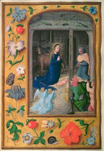 Añadir 35314 f.25v Natividad, de un Libro de Horas, Brujas, c.1510-20 (vitela) de School Netherlandish