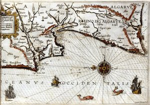 Cabo Sagres (o Cabo Sagrado) en el extremo de Portugal según el portulano de Luca J. Waghenaer Treesor de zeevaert impreso en Leiden en 1592 de School Netherlandish