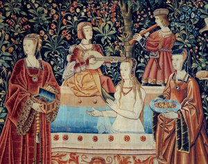 Cortina de la vida señorial: el baño (detalle) de School Netherlandish