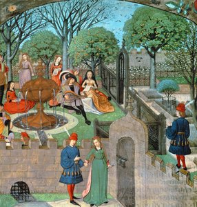 Harl 4425 f.12v Escena del jardín, la amante y dama Oyseuse (Ociosidad) fuera de los muros del jardín, del 