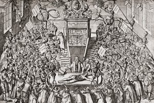 Estudiantes asistiendo a una clase de anatomía en la Universidad de Leiden, de 