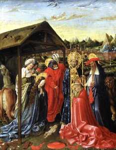 La Natividad con SS. Sixto (?) y Jerónimo y un cardenal (óleo sobre tabla) de School Netherlandish