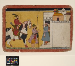 Un príncipe cazador se detiene en la puerta de una casa, c.1700 de School Pahari