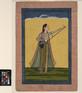 Una mujer afina su tambura, c.1740 de School Pahari