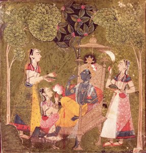 Krishna y doncellas, Himachal Pradesh, Escuela Pahari, c.1710 (acuarela sobre papel) de School Pahari