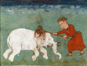 Arte islámico: Rostam mata al elefante blanco. Miniatura persa del poema épico 