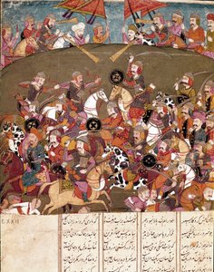 Arte islámico: escena de batalla. Miniatura persa de un manuscrito del poema épico 