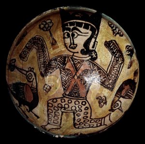 Arte persa: taza de terracota con un personaje con dos pájaros. Colección privada de School Persian