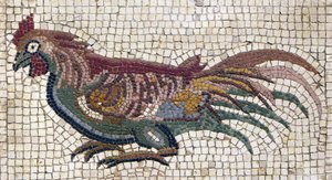 Gallo multicolor del suelo de una villa romana en Túnez (mosaico)