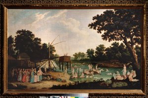 Baño de enfermería en Moscú. (Termalismo: muchas mujeres desnudas se bañan, cerca de un edificio de sauna tradicional. Se les une un grupo de personas vestidas, con niños intimidados). Pintura de un maestro ruso, óleo sobre lienzo, finales del siglo XVIII.