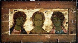Cristo Emmanuel rodeado por los Arcángeles Miguel y Gabriel (Cristo Emmanuel con los Arcángeles Miguel y Gabriel). Ícono ruso, témpera sobre madera, finales del siglo XII. Arte de Vladimir (Rusia). Galería Estatal Tretyakov, Moscú (Rusia). de School Russian